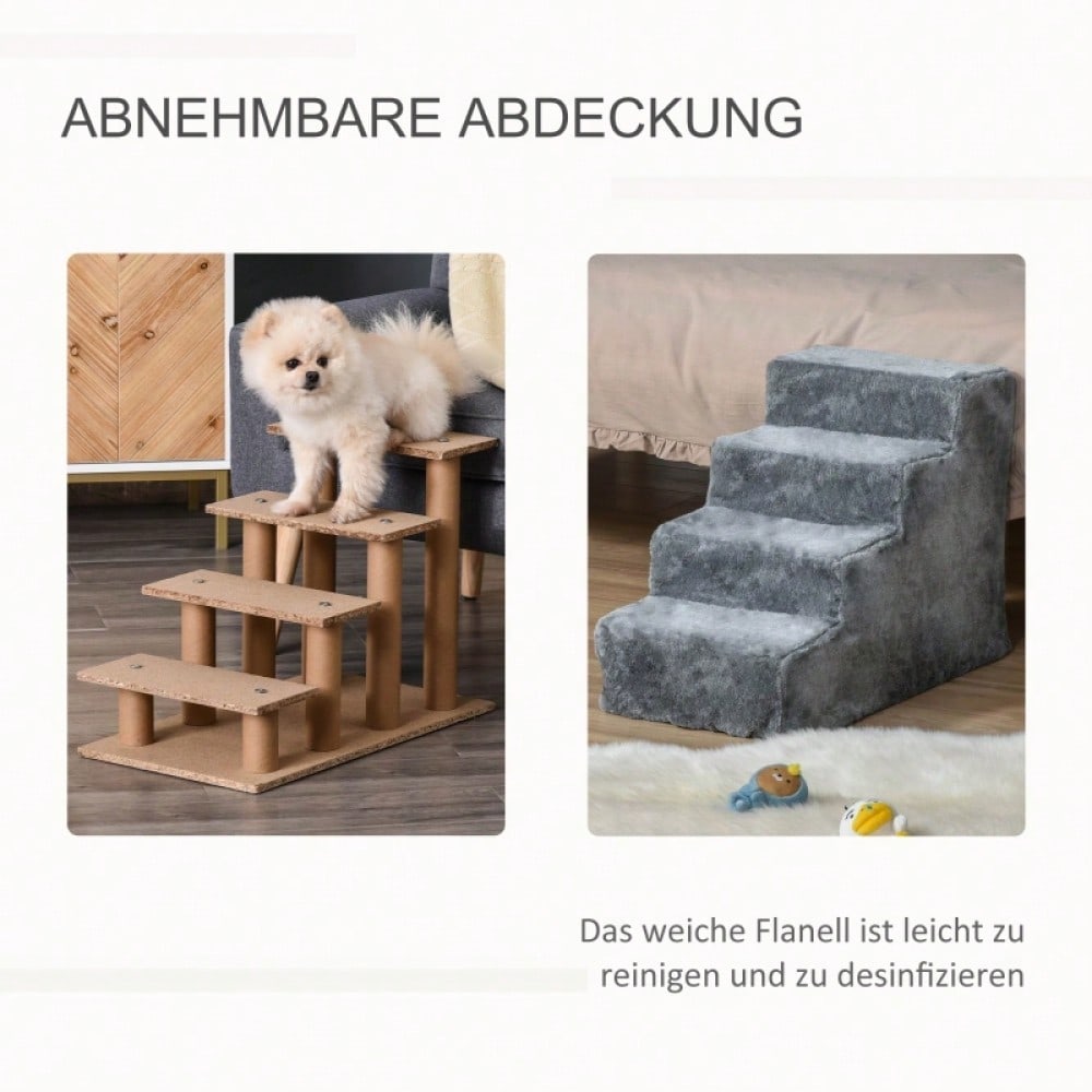 PawHut 4-stufige Haustiertreppe für Bett & Sofa, rutschfeste Hundetreppe & Katzentreppe bis 5 kg, mit Plüschbezug, hellgrau