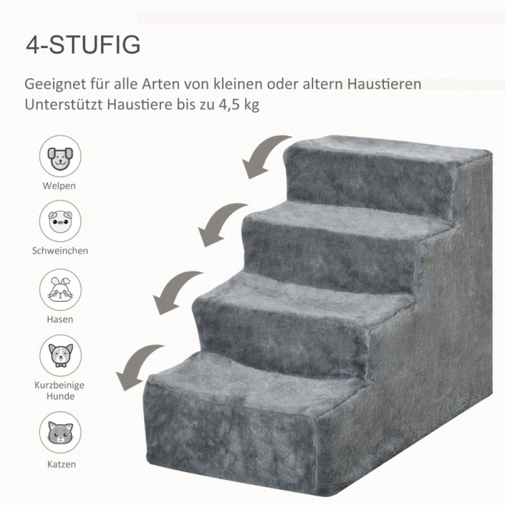 PawHut 4-stufige Haustiertreppe für Bett & Sofa, rutschfeste Hundetreppe & Katzentreppe bis 5 kg, mit Plüschbezug, hellgrau