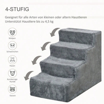 PawHut 4-stufige Haustiertreppe für Bett & Sofa, rutschfeste Hundetreppe & Katzentreppe bis 5 kg, mit Plüschbezug, hellgrau