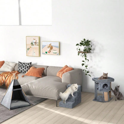 PawHut 4-stufige Haustiertreppe für Bett & Sofa, rutschfeste Hundetreppe & Katzentreppe bis 5 kg, mit Plüschbezug, hellgrau