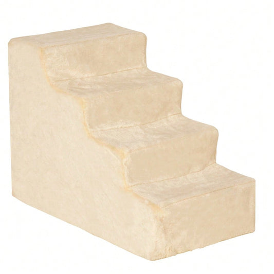 PawHut 4-stufige Haustiertreppe mit abnehmbarem Plüschbezug, Hunderampe & Katzentreppe aus Spanplatte, beige, 60x35x44 cm