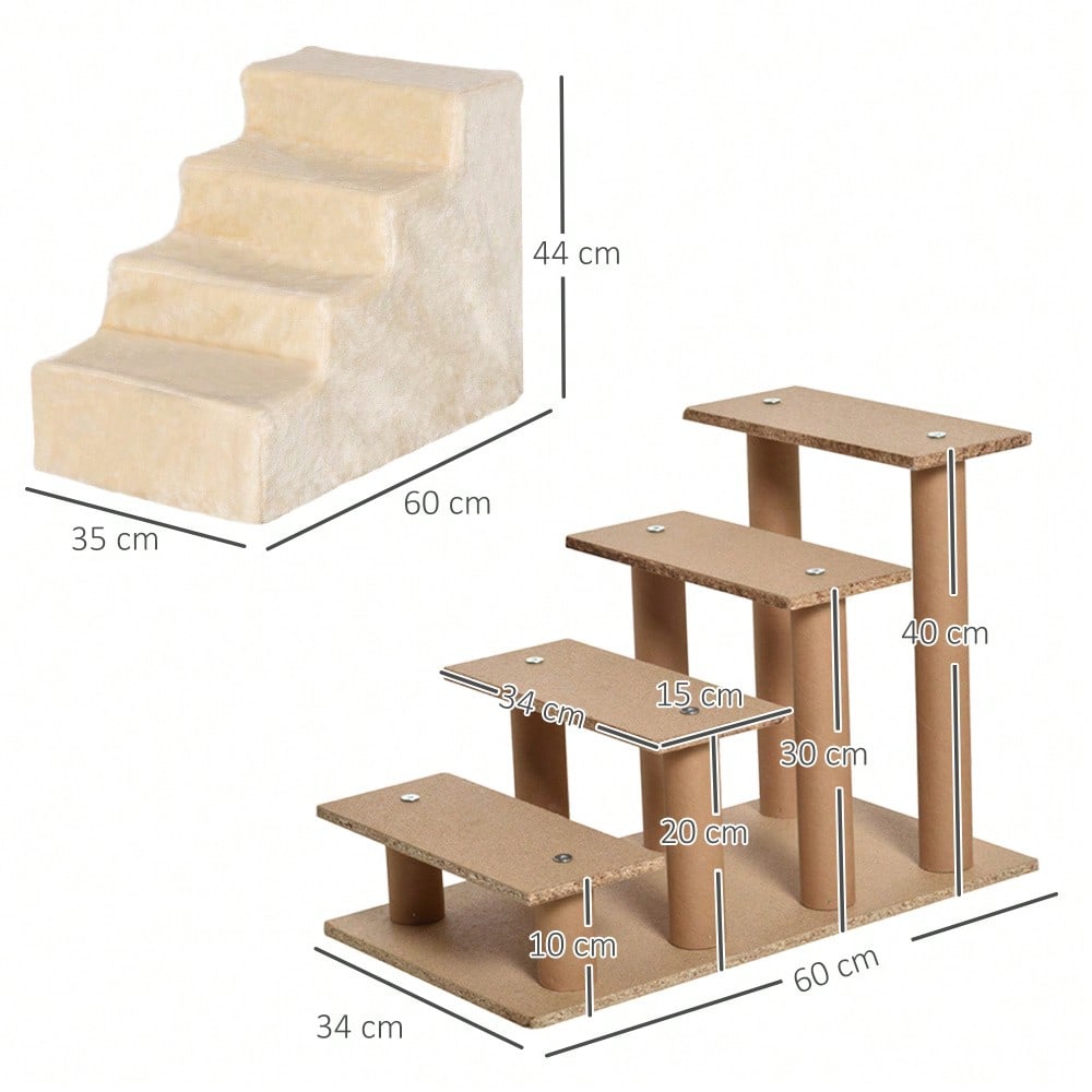 PawHut 4-stufige Haustiertreppe mit abnehmbarem Plüschbezug, Hunderampe & Katzentreppe aus Spanplatte, beige, 60x35x44 cm