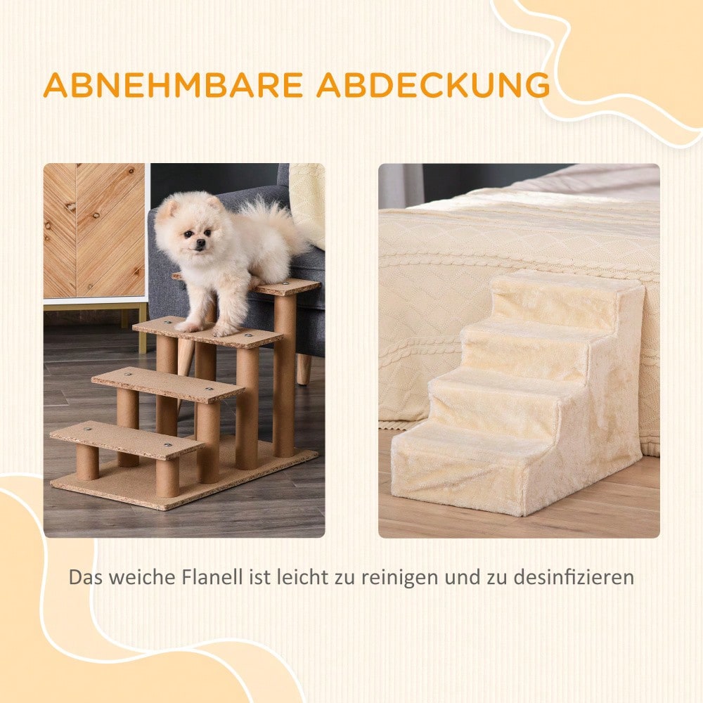 PawHut 4-stufige Haustiertreppe mit abnehmbarem Plüschbezug, Hunderampe & Katzentreppe aus Spanplatte, beige, 60x35x44 cm