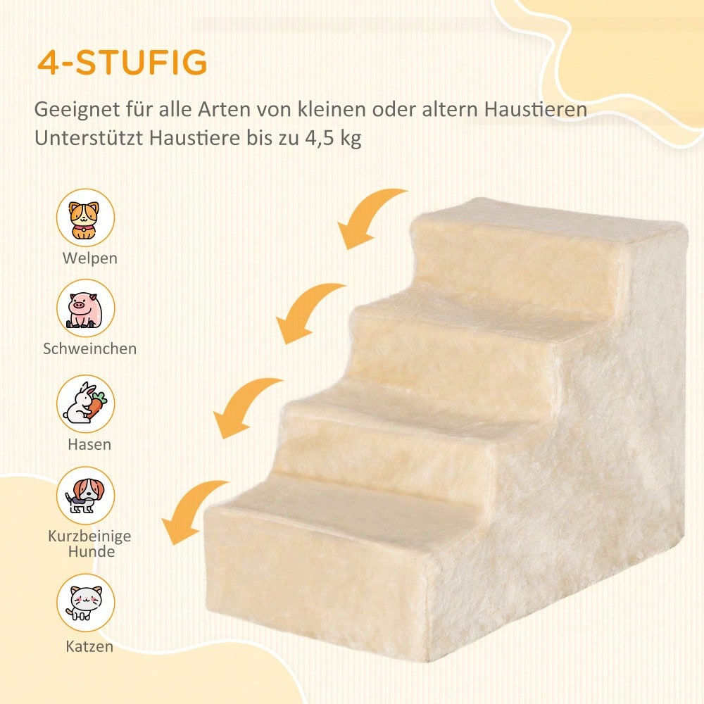 PawHut 4-stufige Haustiertreppe mit abnehmbarem Plüschbezug, Hunderampe & Katzentreppe aus Spanplatte, beige, 60x35x44 cm