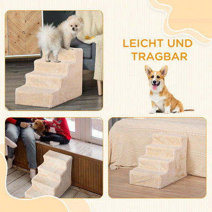 PawHut 4-stufige Haustiertreppe mit abnehmbarem Plüschbezug, Hunderampe & Katzentreppe aus Spanplatte, beige, 60x35x44 cm