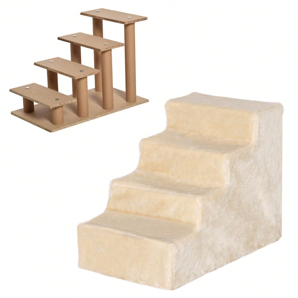 PawHut 4-stufige Haustiertreppe mit abnehmbarem Plüschbezug, Hunderampe & Katzentreppe aus Spanplatte, beige, 60x35x44 cm