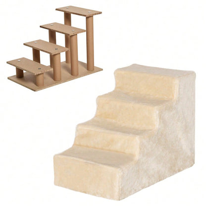PawHut 4-stufige Haustiertreppe mit abnehmbarem Plüschbezug, Hunderampe & Katzentreppe aus Spanplatte, beige, 60x35x44 cm