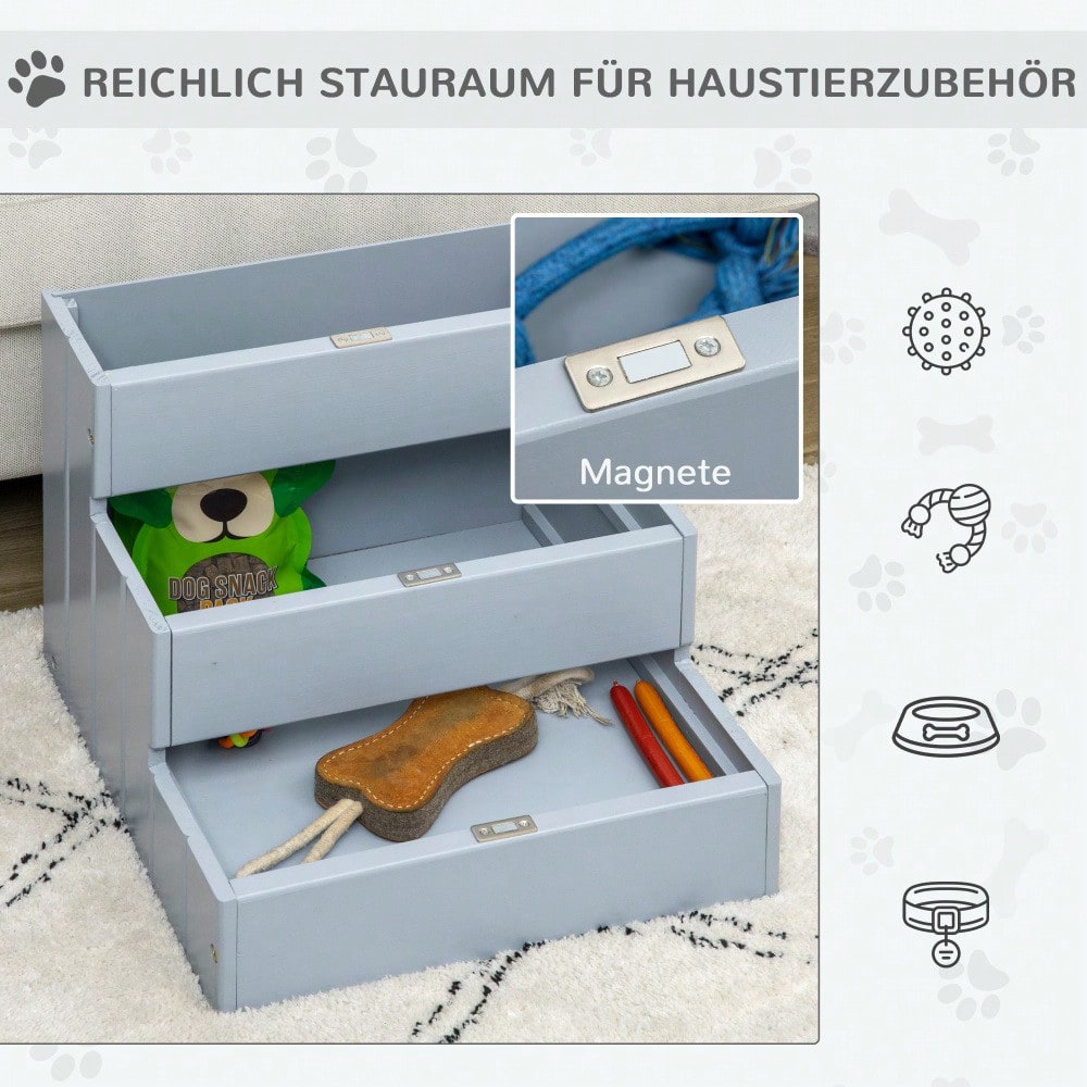 PawHut 3-stufige Haustiertreppe mit Teppich & Stauraum, für kleine Hunde & Katzen, grau, 40,5x44,5x38 cm