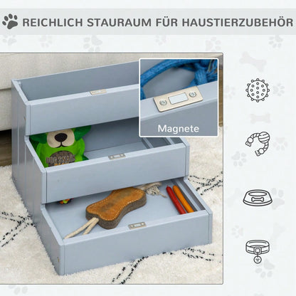 PawHut 3-stufige Haustiertreppe mit Teppich & Stauraum, für kleine Hunde & Katzen, grau, 40,5x44,5x38 cm