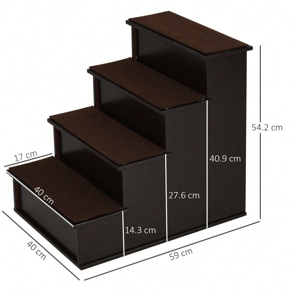 PawHut Haustiertreppe für Hunde & Katzen, 3-stufig mit Teppichbezug, aus MDF, dunkelbraun, 40x59x54,2 cm