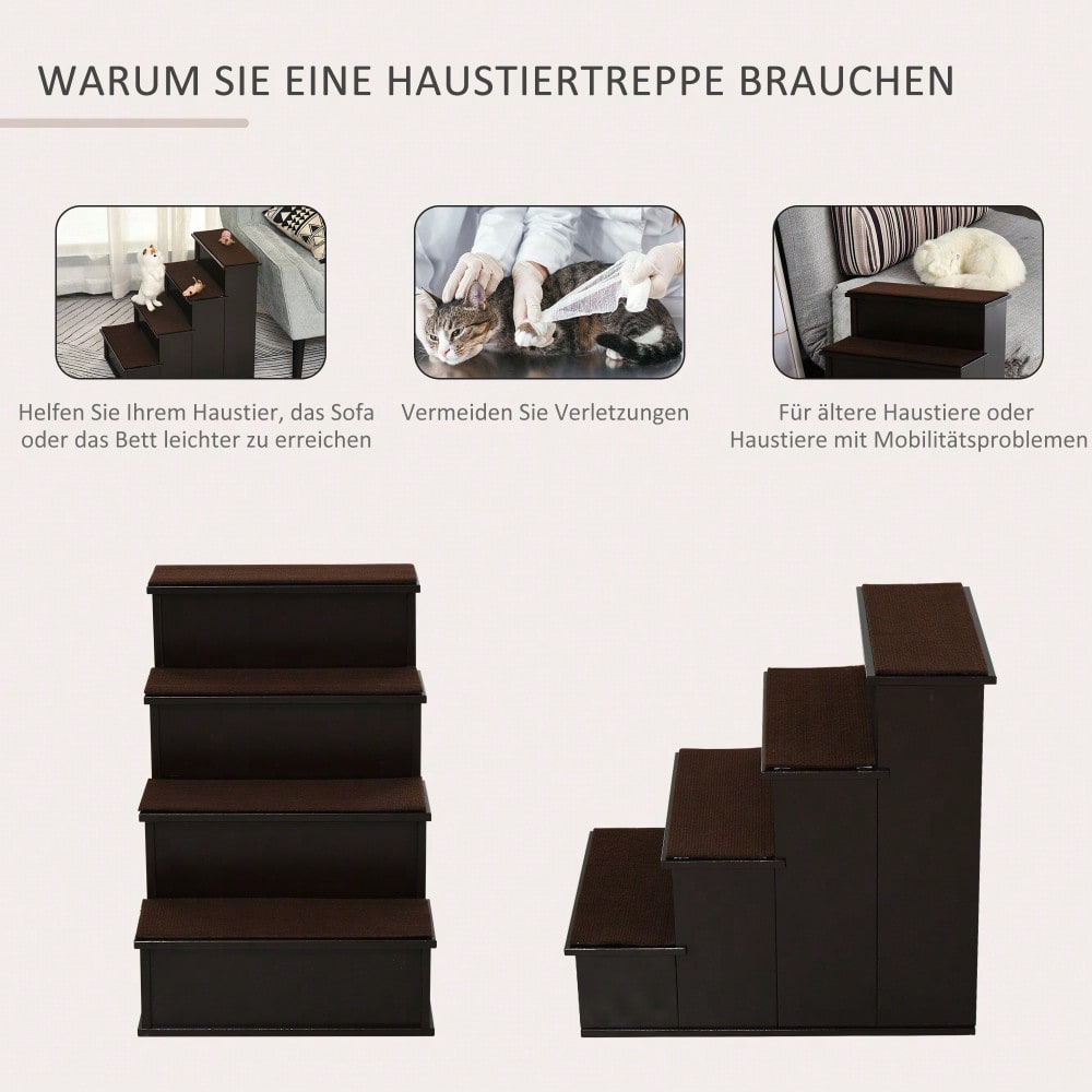PawHut Haustiertreppe für Hunde & Katzen, 3-stufig mit Teppichbezug, aus MDF, dunkelbraun, 40x59x54,2 cm