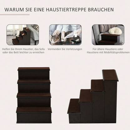 PawHut Haustiertreppe für Hunde & Katzen, 3-stufig mit Teppichbezug, aus MDF, dunkelbraun, 40x59x54,2 cm