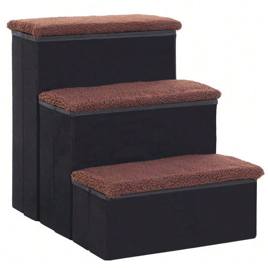 PawHut faltbare Haustiertreppe mit 3 Stufen & Stauraum, für Katzen & Hunde, aus MDF, schwarz, 40x54x48 cm