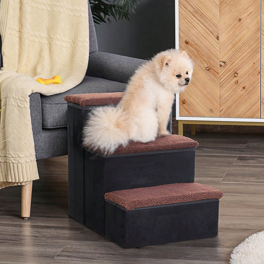 PawHut faltbare Haustiertreppe mit 3 Stufen & Stauraum, für Katzen & Hunde, aus MDF, schwarz, 40x54x48 cm