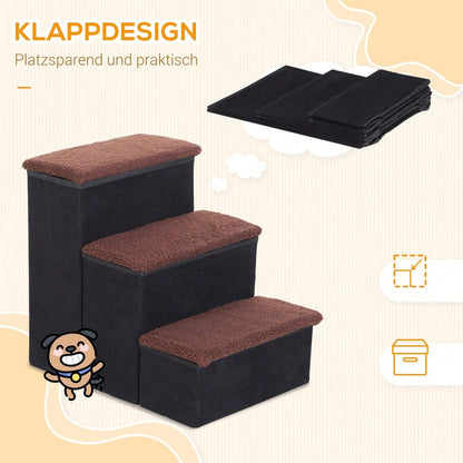 PawHut faltbare Haustiertreppe mit 3 Stufen & Stauraum, für Katzen & Hunde, aus MDF, schwarz, 40x54x48 cm