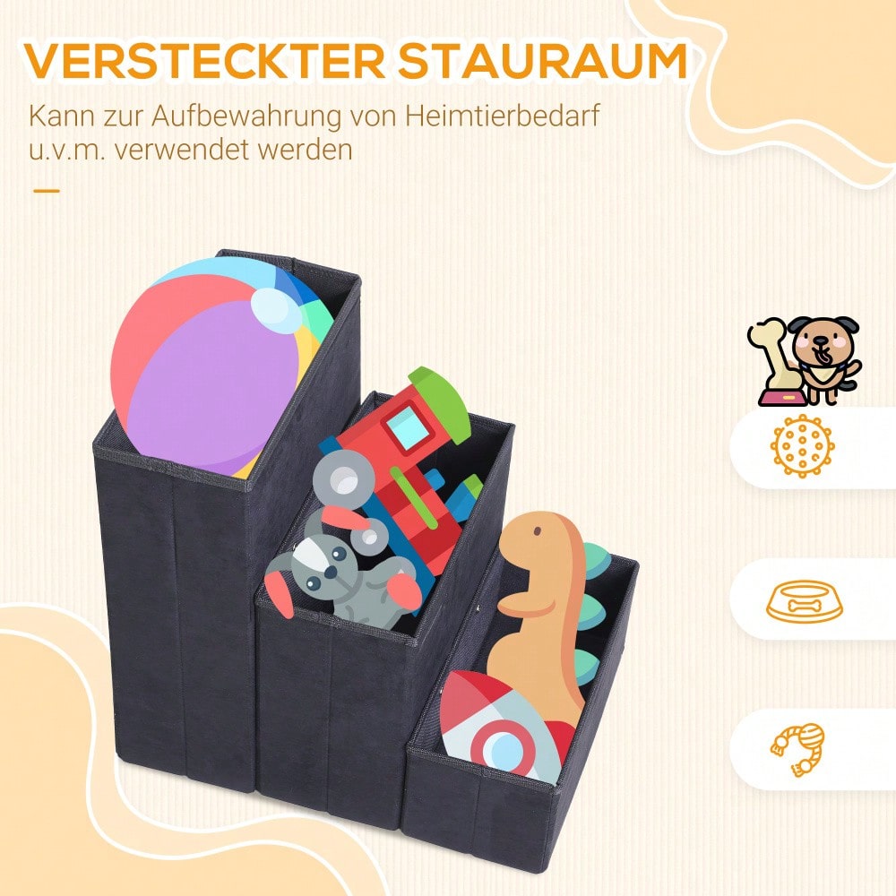 PawHut faltbare Haustiertreppe mit 3 Stufen & Stauraum, für Katzen & Hunde, aus MDF, schwarz, 40x54x48 cm
