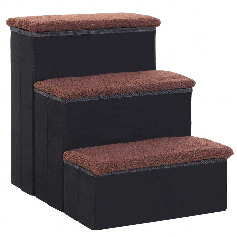PawHut faltbare Haustiertreppe mit 3 Stufen & Stauraum, für Katzen & Hunde, aus MDF, schwarz, 40x54x48 cm