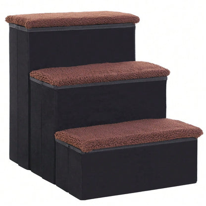 PawHut faltbare Haustiertreppe mit 3 Stufen & Stauraum, für Katzen & Hunde, aus MDF, schwarz, 40x54x48 cm