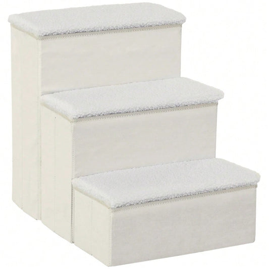PawHut faltbare Haustiertreppe mit 3 Stufen & Stauraum, für Katzen & Hunde, aus MDF, weiß, 40x54x48 cm