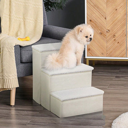 PawHut faltbare Haustiertreppe mit 3 Stufen & Stauraum, für Katzen & Hunde, aus MDF, weiß, 40x54x48 cm