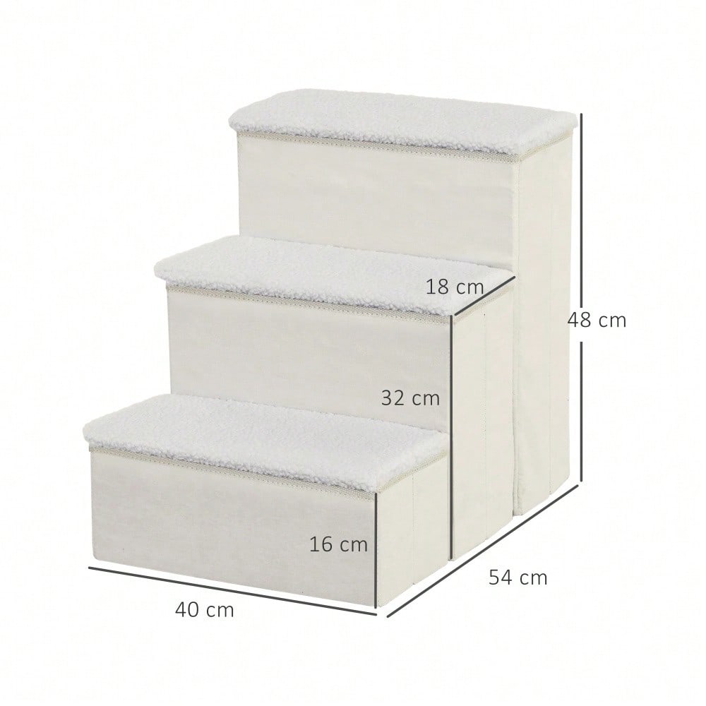 PawHut faltbare Haustiertreppe mit 3 Stufen & Stauraum, für Katzen & Hunde, aus MDF, weiß, 40x54x48 cm