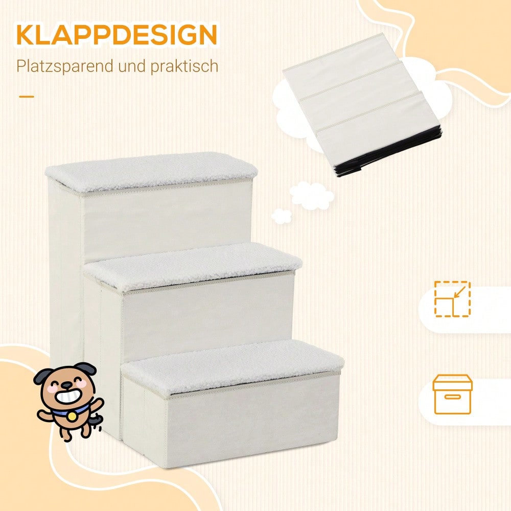 PawHut faltbare Haustiertreppe mit 3 Stufen & Stauraum, für Katzen & Hunde, aus MDF, weiß, 40x54x48 cm