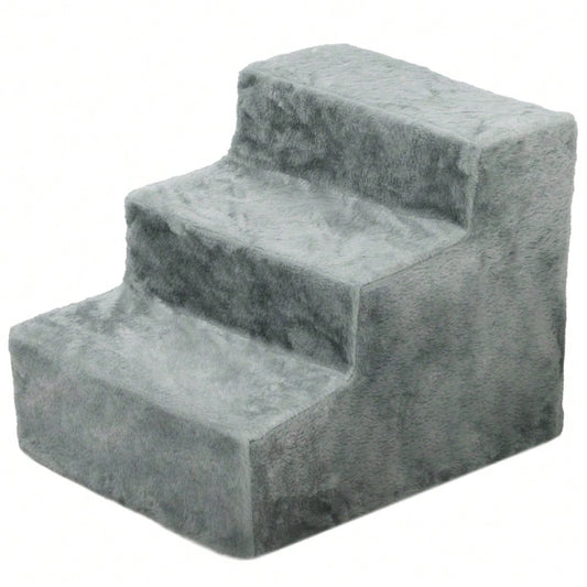 PawHut 3-stufige Haustiertreppe mit Plüschbezug, für Bett & Sofa, Katzentreppe für Katzen bis 5 kg, hellgrau