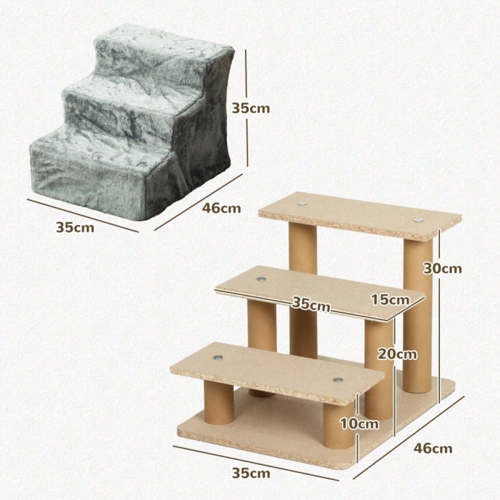 PawHut 3-stufige Haustiertreppe mit Plüschbezug, für Bett & Sofa, Katzentreppe für Katzen bis 5 kg, hellgrau