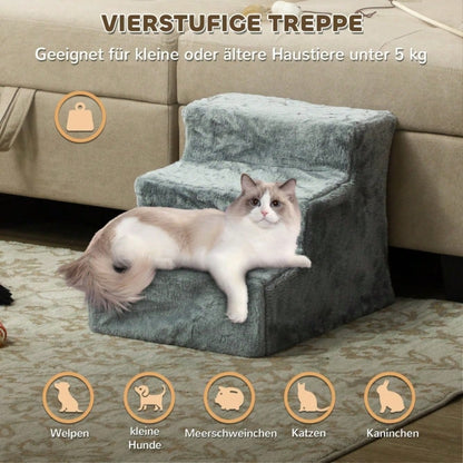 PawHut 3-stufige Haustiertreppe mit Plüschbezug, für Bett & Sofa, Katzentreppe für Katzen bis 5 kg, hellgrau