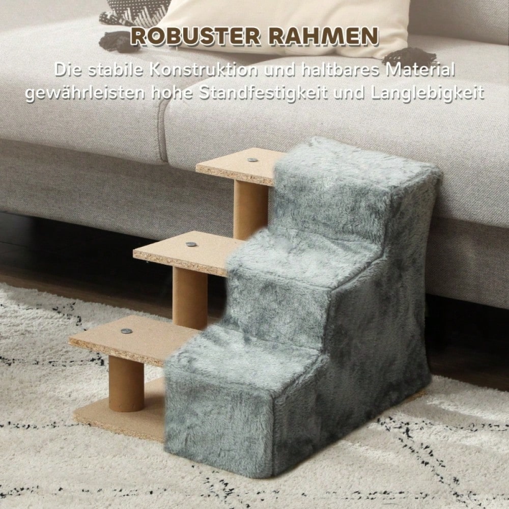 PawHut 3-stufige Haustiertreppe mit Plüschbezug, für Bett & Sofa, Katzentreppe für Katzen bis 5 kg, hellgrau