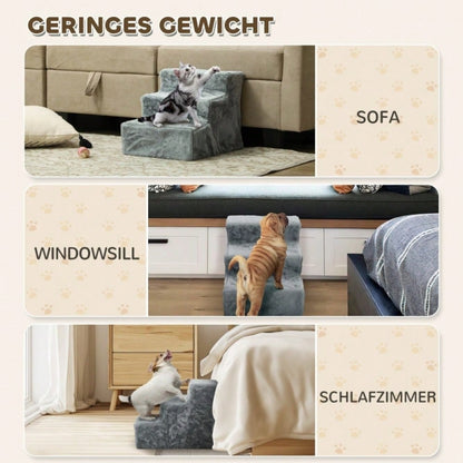 PawHut 3-stufige Haustiertreppe mit Plüschbezug, für Bett & Sofa, Katzentreppe für Katzen bis 5 kg, hellgrau