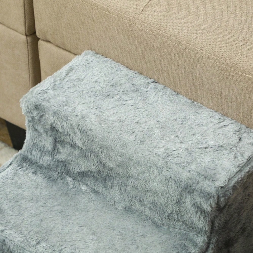 PawHut 3-stufige Haustiertreppe mit Plüschbezug, für Bett & Sofa, Katzentreppe für Katzen bis 5 kg, hellgrau