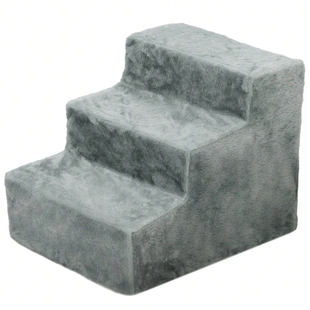 PawHut 3-stufige Haustiertreppe mit Plüschbezug, für Bett & Sofa, Katzentreppe für Katzen bis 5 kg, hellgrau