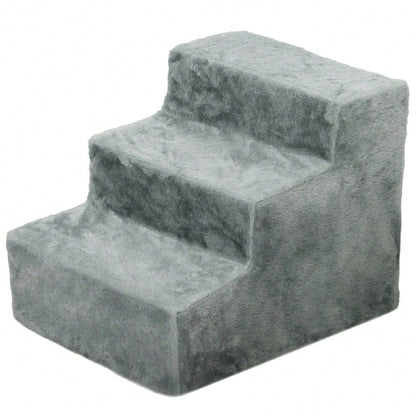 PawHut 3-stufige Haustiertreppe mit Plüschbezug, für Bett & Sofa, Katzentreppe für Katzen bis 5 kg, hellgrau
