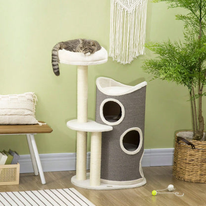 PawHut Kratzbaum 109 cm mit Kratztonne & Katzenbett, moderner Katzenbaum mit Sisalsäulen, weiß/grau