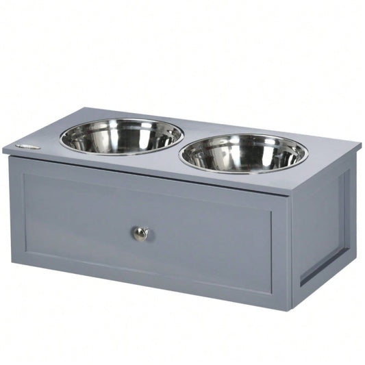 PawHut Futterstation für Hunde mit 2x2L Edelstahlnäpfen & Schublade, für mittelgroße Hunde, grau, 60x30x24 cm