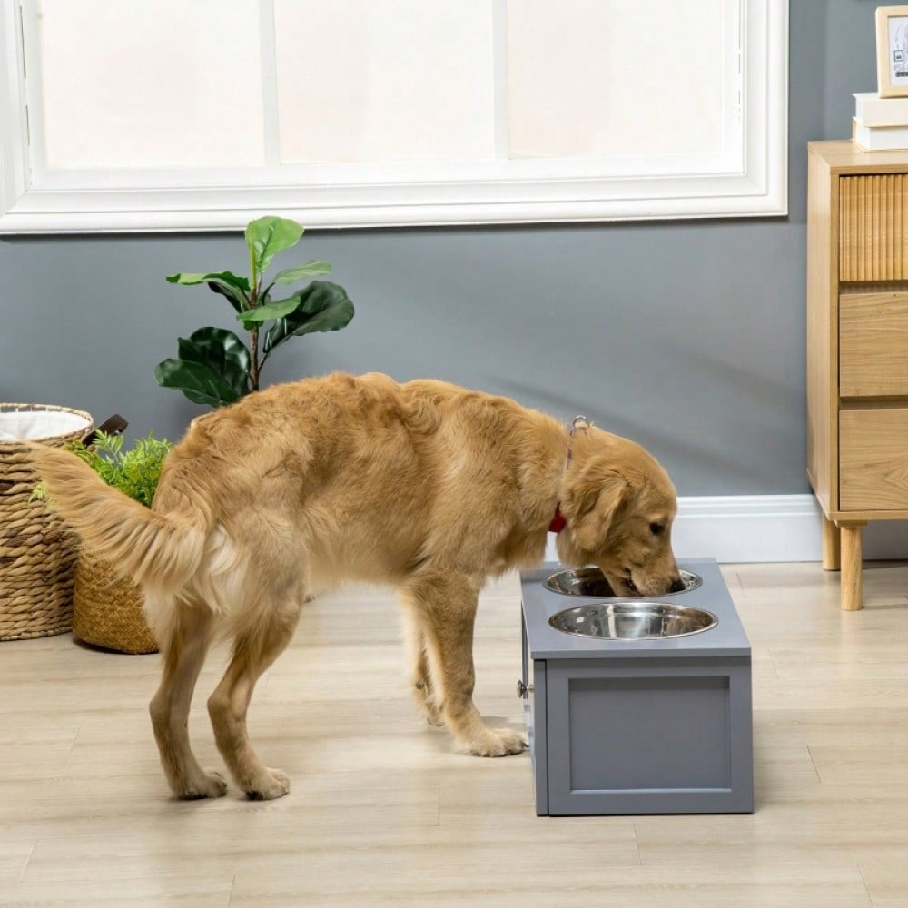 PawHut Futterstation für Hunde mit 2x2L Edelstahlnäpfen & Schublade, für mittelgroße Hunde, grau, 60x30x24 cm