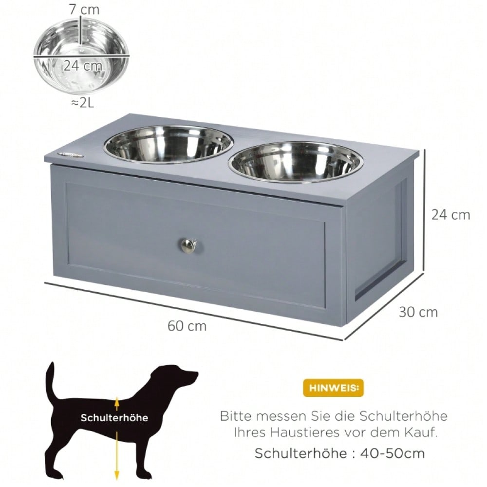 PawHut Futterstation für Hunde mit 2x2L Edelstahlnäpfen & Schublade, für mittelgroße Hunde, grau, 60x30x24 cm