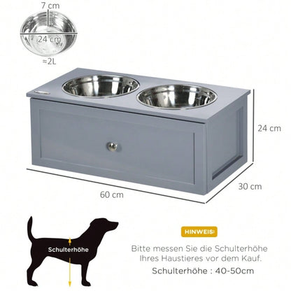 PawHut Futterstation für Hunde mit 2x2L Edelstahlnäpfen & Schublade, für mittelgroße Hunde, grau, 60x30x24 cm