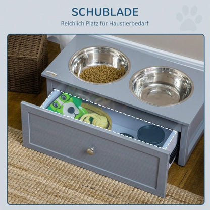 PawHut Futterstation für Hunde mit 2x2L Edelstahlnäpfen & Schublade, für mittelgroße Hunde, grau, 60x30x24 cm