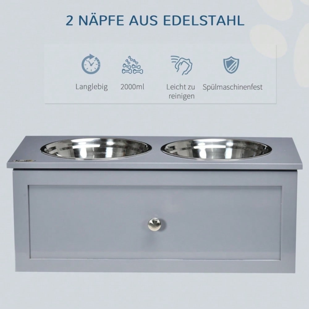 PawHut Futterstation für Hunde mit 2x2L Edelstahlnäpfen & Schublade, für mittelgroße Hunde, grau, 60x30x24 cm