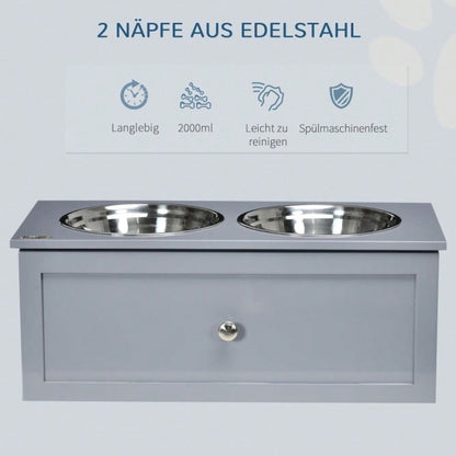 PawHut Futterstation für Hunde mit 2x2L Edelstahlnäpfen & Schublade, für mittelgroße Hunde, grau, 60x30x24 cm