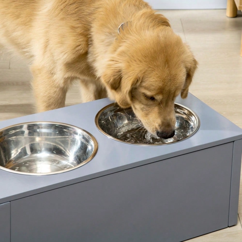 PawHut Futterstation für Hunde mit 2x2L Edelstahlnäpfen & Schublade, für mittelgroße Hunde, grau, 60x30x24 cm