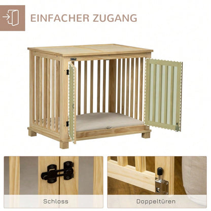 PawHut Hundekäfig für mittelgroße Hunde, mit Kissen & Hundehütte aus Naturholz, cremeweiß, 82,5x57x72 cm