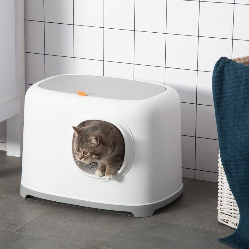 PawHut Katzentoilette mit Deckel XXL, geschlossenes Katzenklo mit Gitterboden & Schaufel, für Katzen bis 5 kg, weiß, 55x40x39 cm