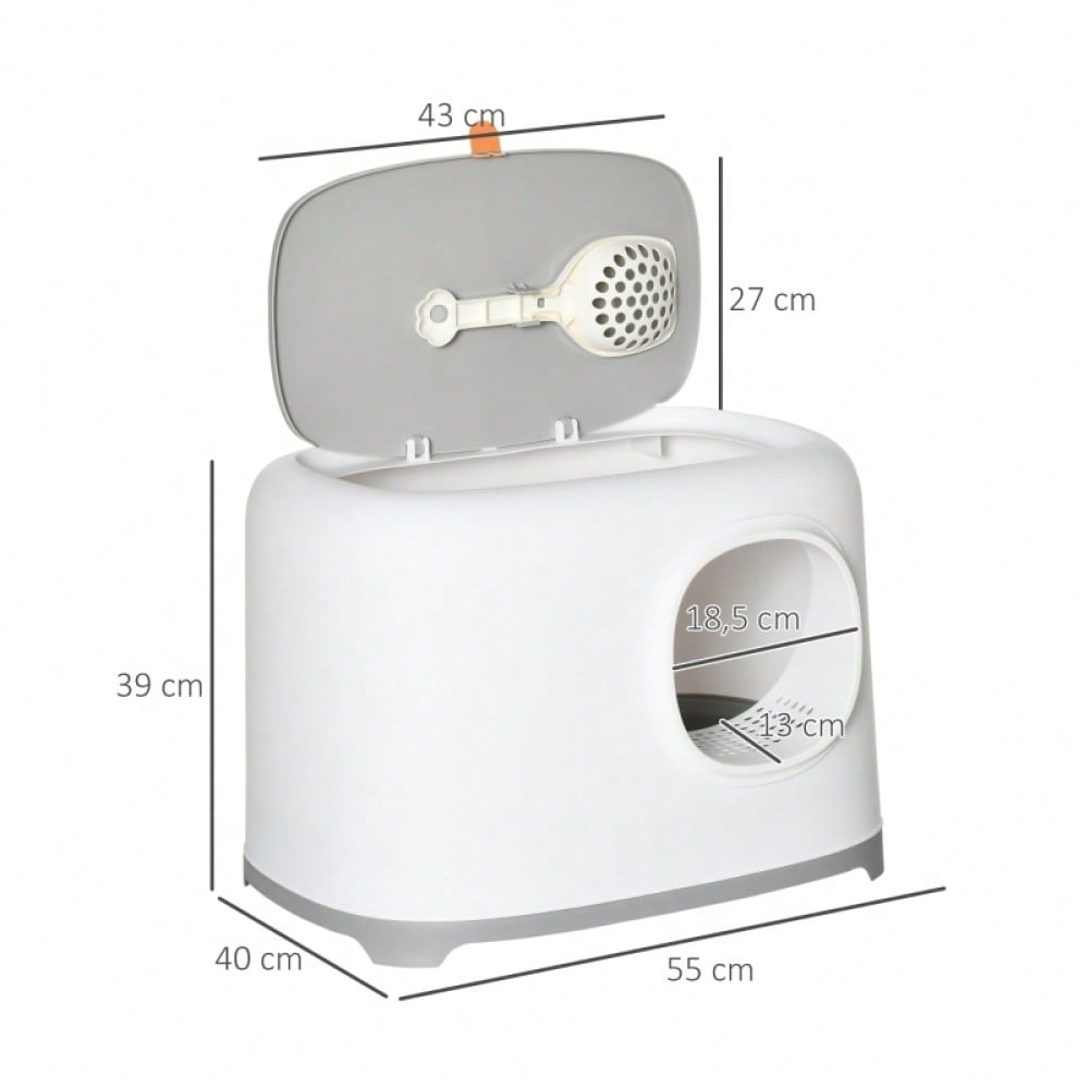PawHut Katzentoilette mit Deckel XXL, geschlossenes Katzenklo mit Gitterboden & Schaufel, für Katzen bis 5 kg, weiß, 55x40x39 cm