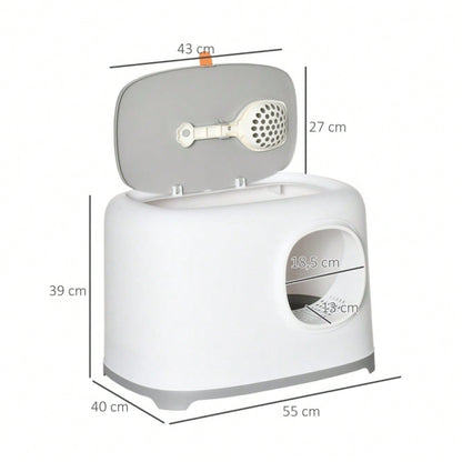 PawHut Katzentoilette mit Deckel XXL, geschlossenes Katzenklo mit Gitterboden & Schaufel, für Katzen bis 5 kg, weiß, 55x40x39 cm