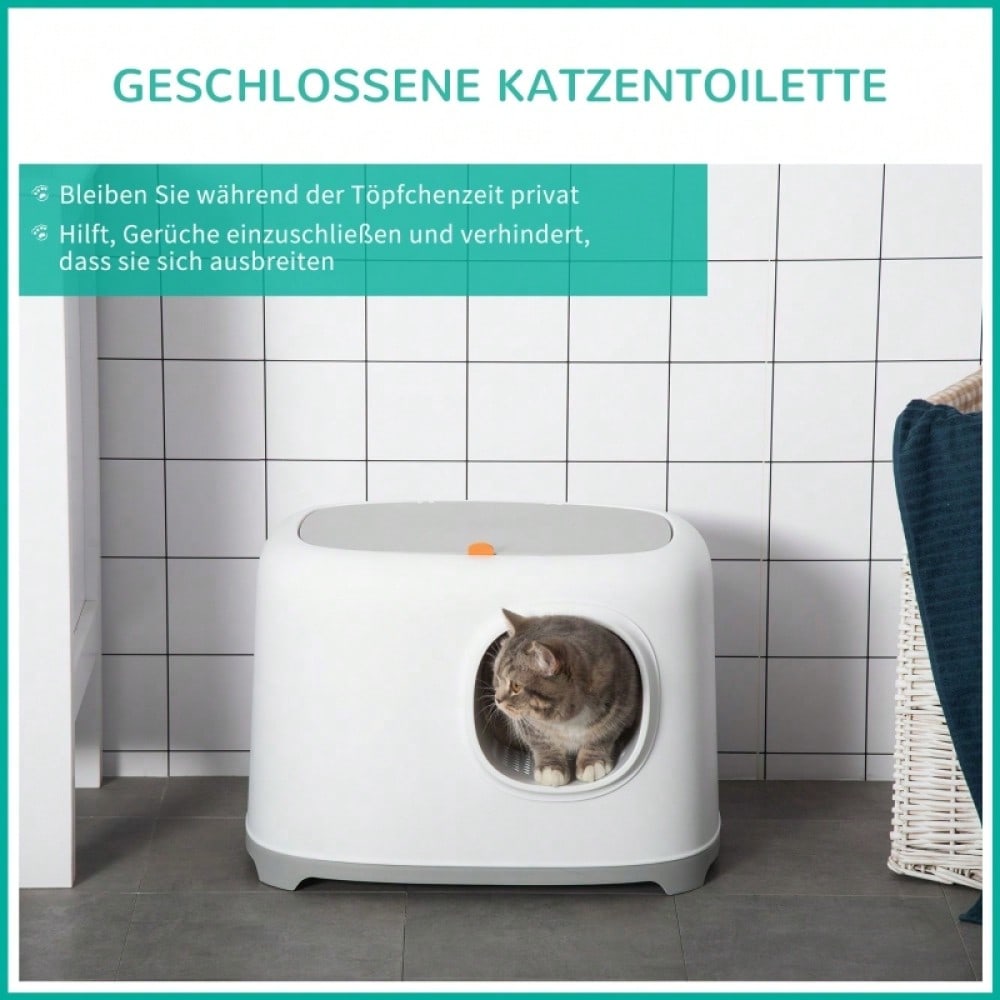 PawHut Katzentoilette mit Deckel XXL, geschlossenes Katzenklo mit Gitterboden & Schaufel, für Katzen bis 5 kg, weiß, 55x40x39 cm