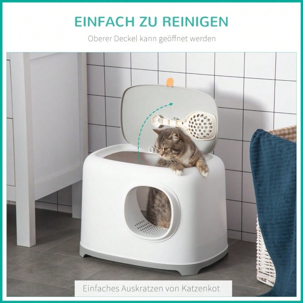 PawHut Katzentoilette mit Deckel XXL, geschlossenes Katzenklo mit Gitterboden & Schaufel, für Katzen bis 5 kg, weiß, 55x40x39 cm