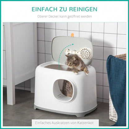PawHut Katzentoilette mit Deckel XXL, geschlossenes Katzenklo mit Gitterboden & Schaufel, für Katzen bis 5 kg, weiß, 55x40x39 cm